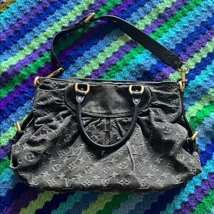 Louis Vuitton Black Monogram Black Denim Shoulder Bag with Gold Hardware